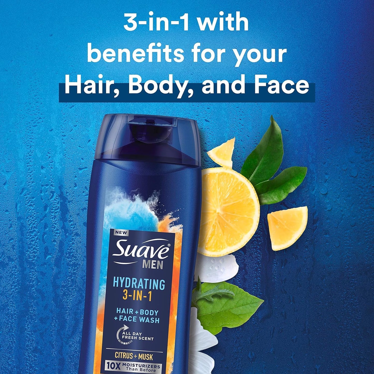 Suave Men 3-in-1 Moisturizing Body, Face & Hair Wash - Hydrating Citrus & Musk Scent, 18 Oz (Pack of 6)