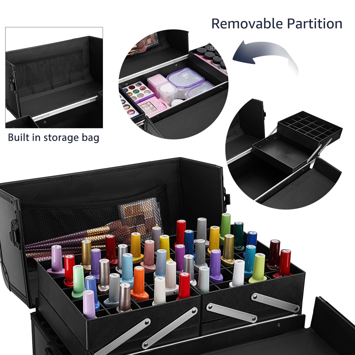 Yokilly Rolling Makeup Train Case, Professional Cosmetology Case on Wheels, Aluminum Cosmetic Trolley Travelling Cart Trunk with Swivel Wheels, Sliding Drawer & Keys for Nail Technician Stylist(Black)