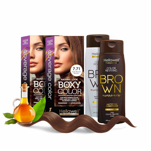 Skiennix Professional Coloring Kit | Permanent Hair Dye for Gray Coverage - 7.71 Ash Brown Blonde + Reviving Shampoo & Conditioner