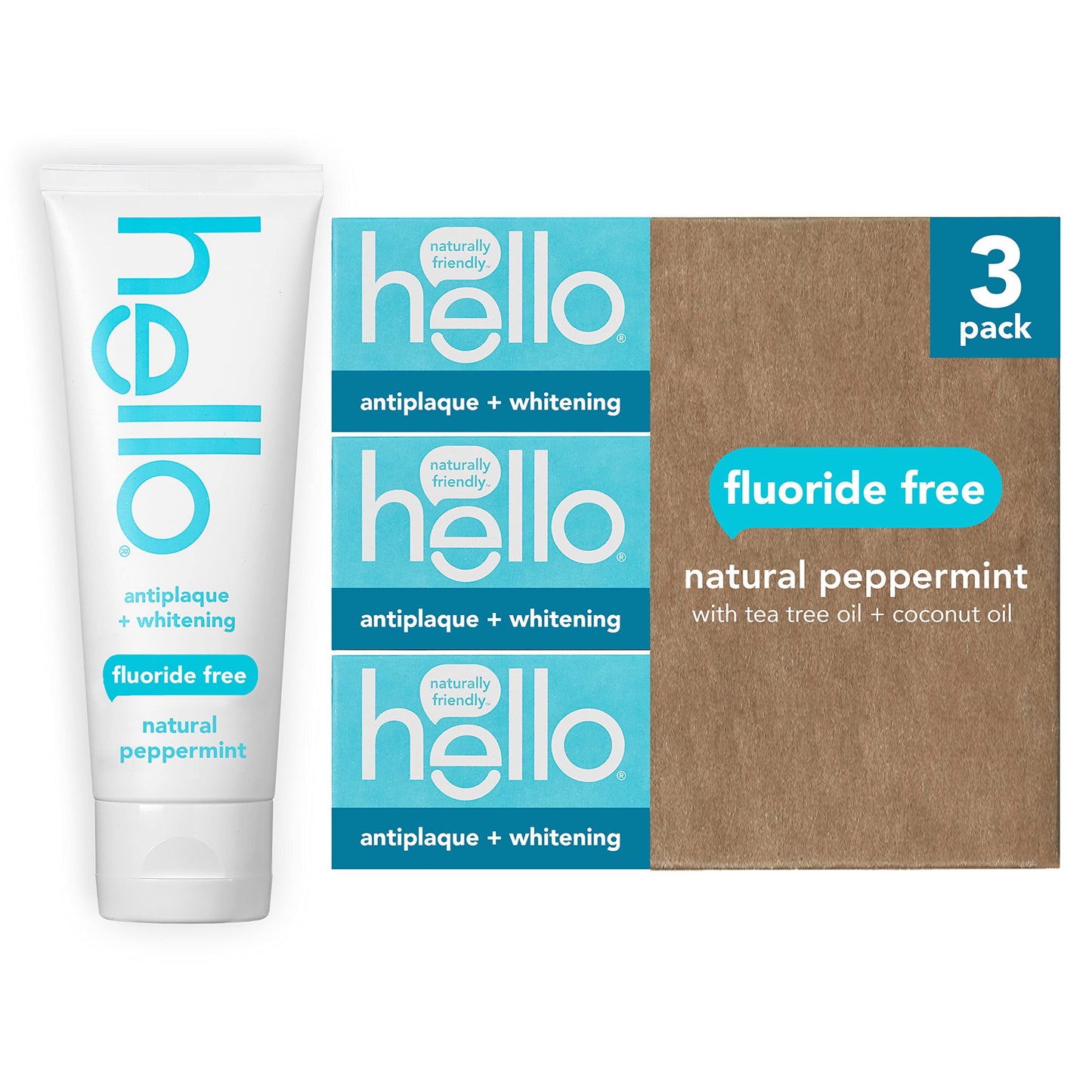 Hello 3-Pack Fluoride Free Whitening and Antiplaque Toothpastes with Spearmint, Peppermint, Coconut Oil, 4.7 OZ