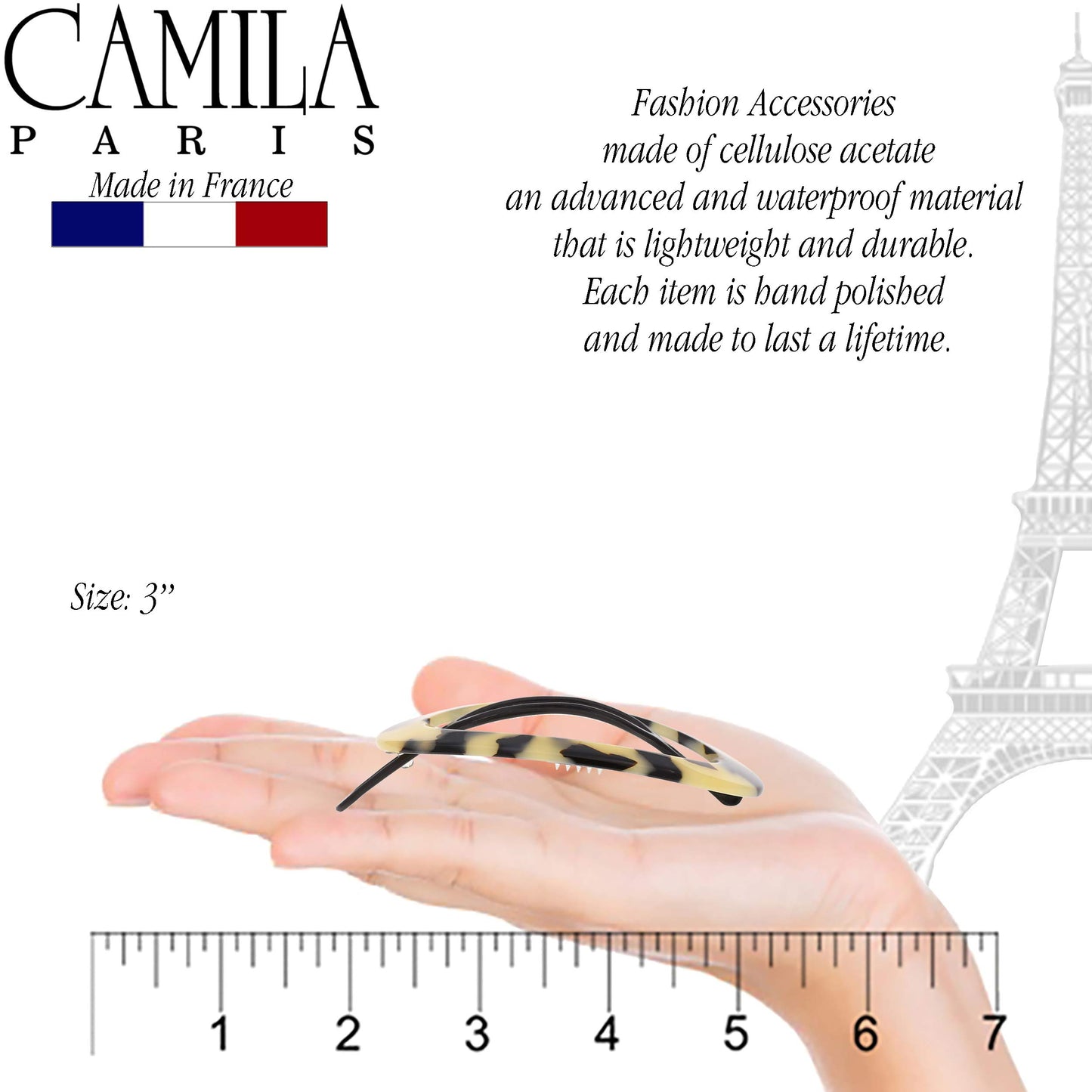 Camila Paris CP2803 French Hair Barrette Clip for Women, Handmade, Flow, Slide-in Metal-Free Closure, Strong Hold Grip Hair Clips for Girls, No Slip Durable Styling Hair Accessories, Made in France