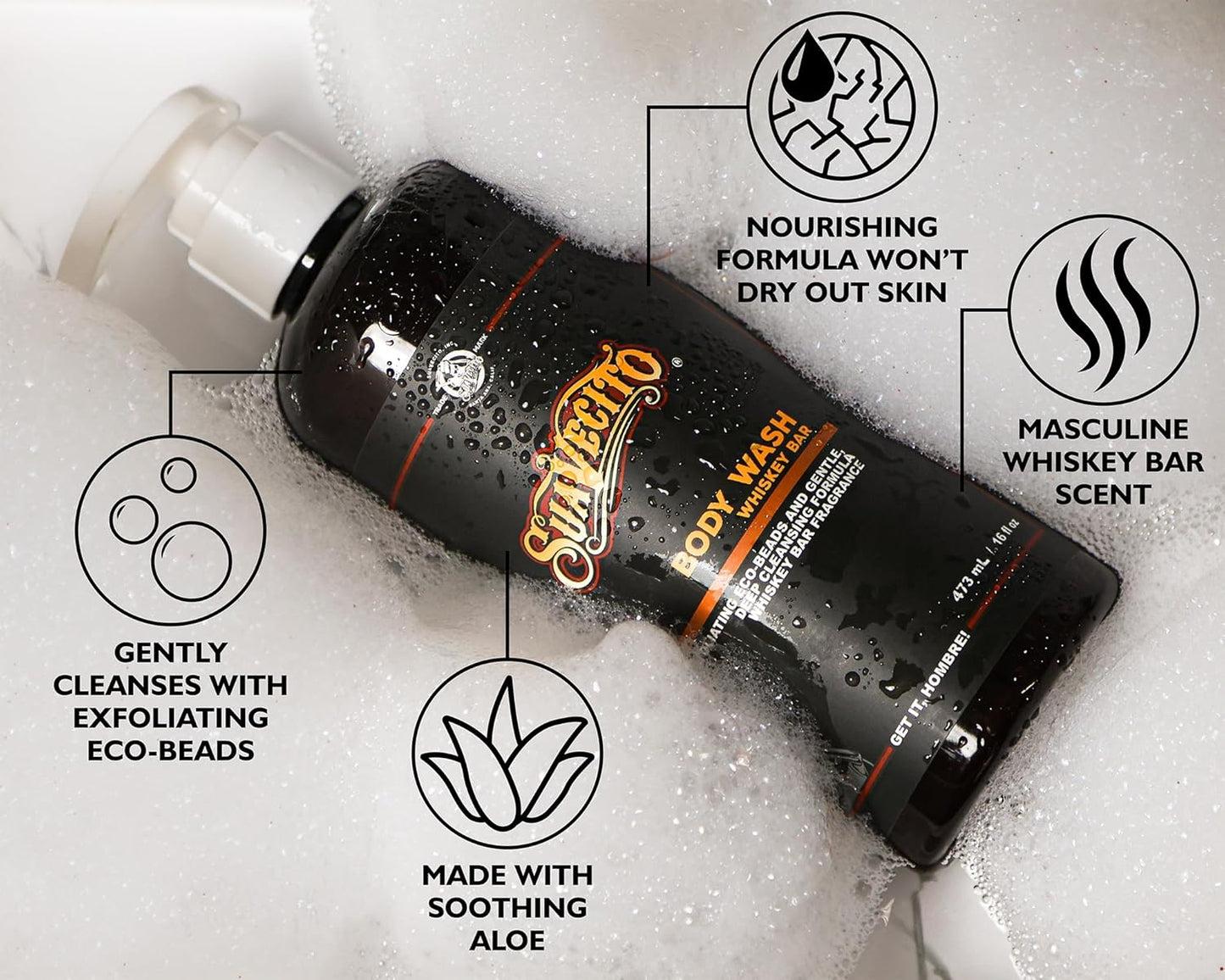 Suavecito Men's Body Wash - Exfoliating Deep Clean Formula | 16 oz Pump Bottle with Whiskey Bar Scent