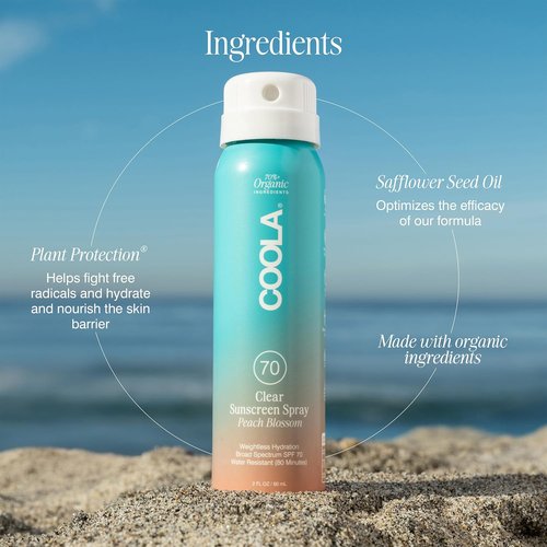COOLA Organic Sunscreen SPF 70 - Vegan Sunblock Spray for Daily Protection | Peach Blossom Scent