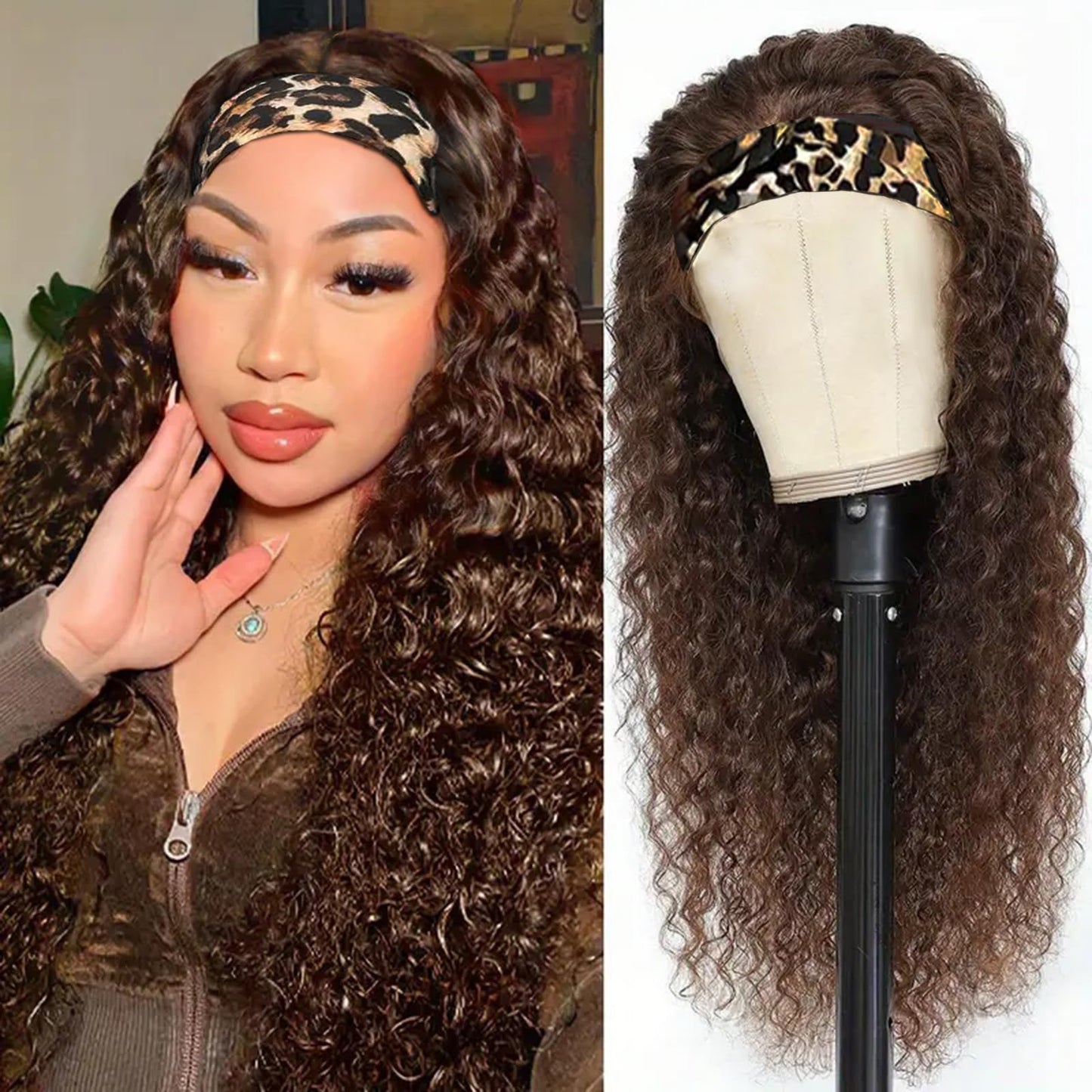 Aiterina Headband Wig Human Hair Headband Wig Deep Wave Human Hair Wigs for Black Women Glueless Human Hair Wigs Machine Made 150% Density No Lace Deep Headband Wig Chocolate Brown 12 inch