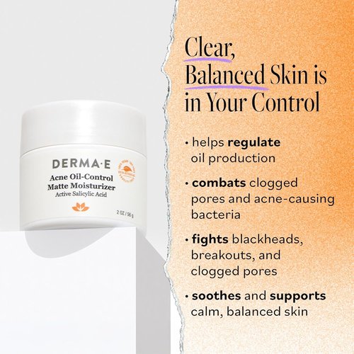 DERMA E Acne Oil Control Face Moisturizer - Matte Formula with Salicylic Acid & Tea Tree Oil | 2 Oz