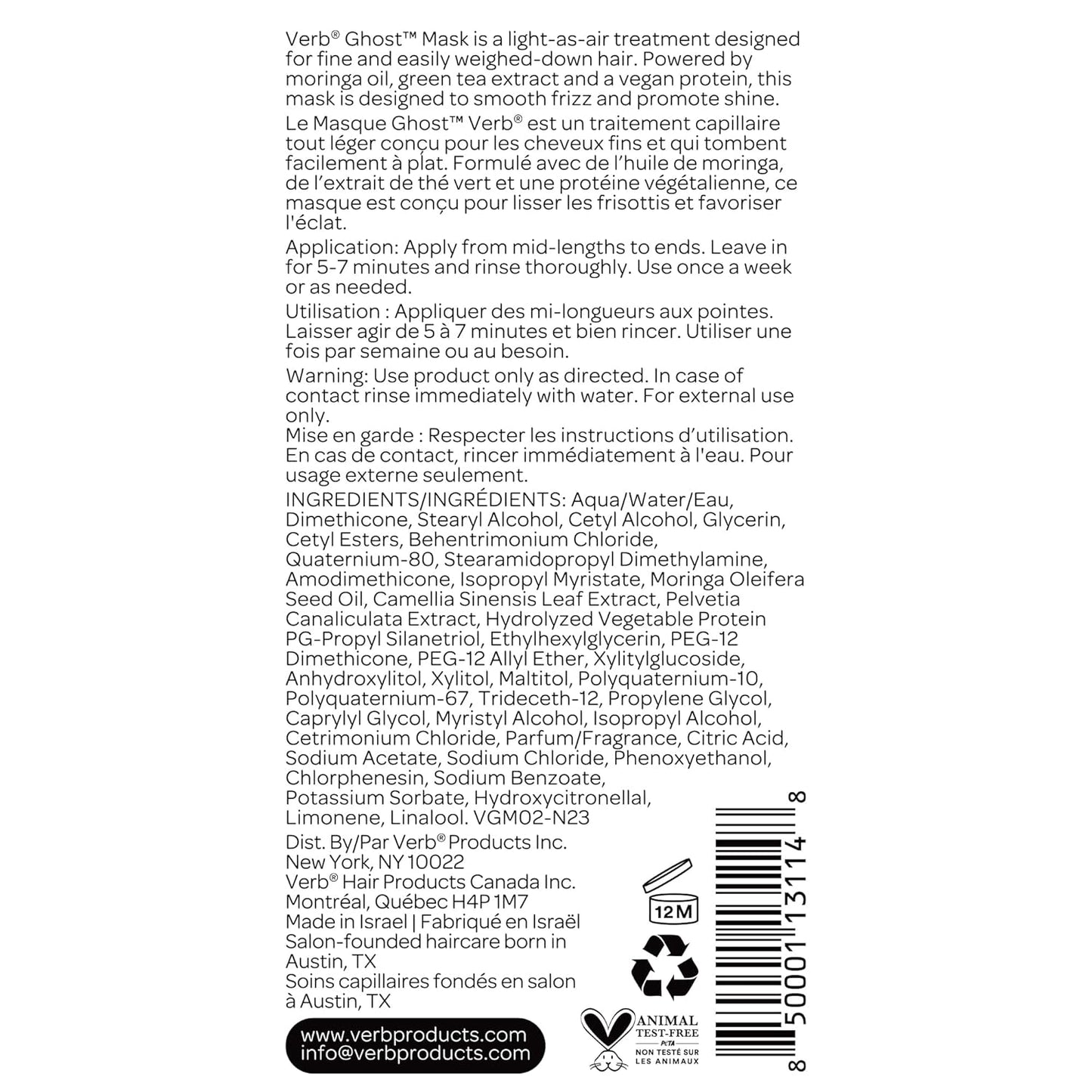 VERB Ghost Hair Mask - Deep Conditioning Treatment with Moringa Oil | 6.3 fl oz - Vegan, No Parabens