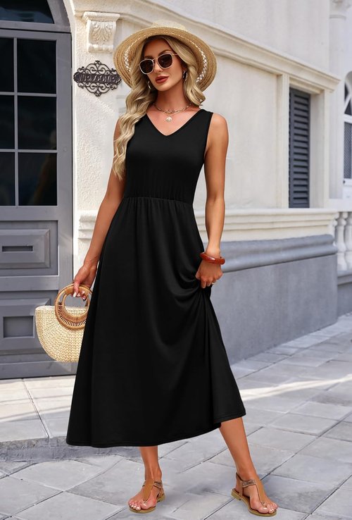 OFEEFAN Summer Dresses - Flowy Casual Midi Dress with V Neck & Pockets for Beach Vacations