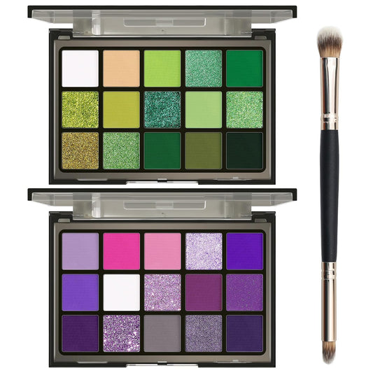 UCANBE Eyeshadow Palette Set - 2pcs Green & Purple Shimmer Matte Metallic Colors | Includes Soft Brush for Halloween Cosplay