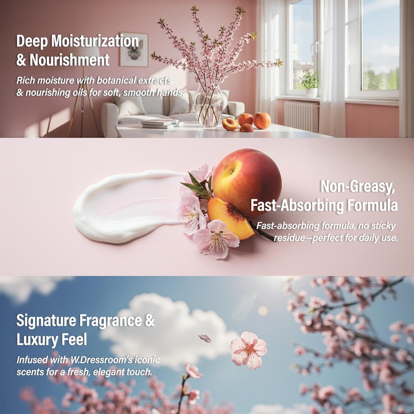 W.Dressroom Moisturizing Hand Cream - Non-Greasy, Quick-Absorbing Formula | Travel Size 1.69 fl oz (50 ml) - No.49 Peach Blossom Scent
