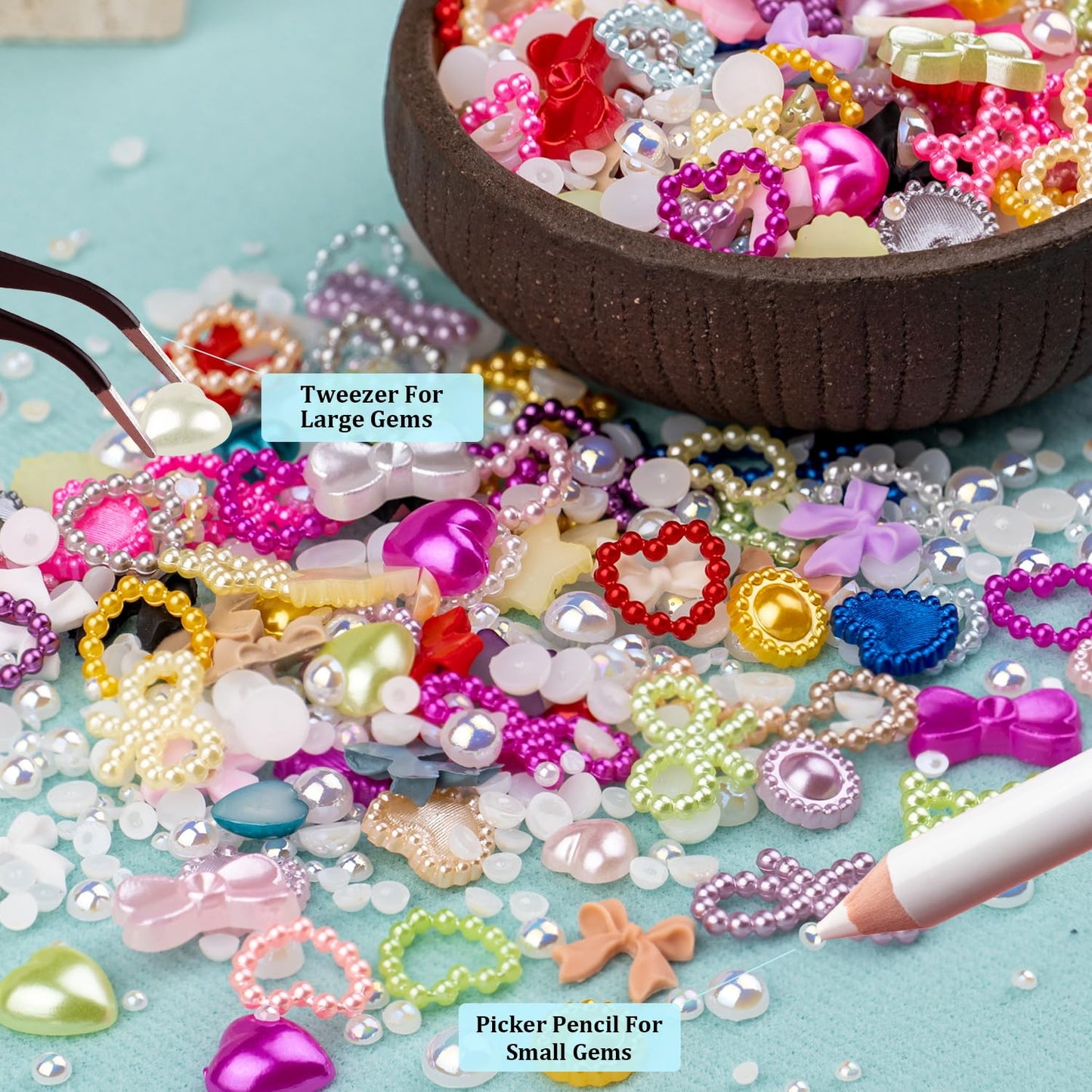 600Pcs 3D Multi Shapes Nail Charms and Flatback Pearls, Beige Mix Styles Heart Star Bow Sunflower Embellishments for Nail Art, Craft and Decoration with Glue Gel, Tweezer and Pickup Pencil