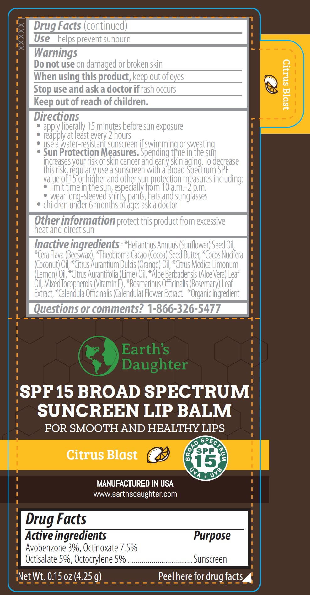 Earth's Daughter SPF Lip Balm 4-Pack Citrus Flavor - Lip Sunscreen, SPF 15, Organic Ingredients, Beeswax, Coconut Oil, Vitamin E - Hypoallergenic, Paraben Free, Gluten Free
