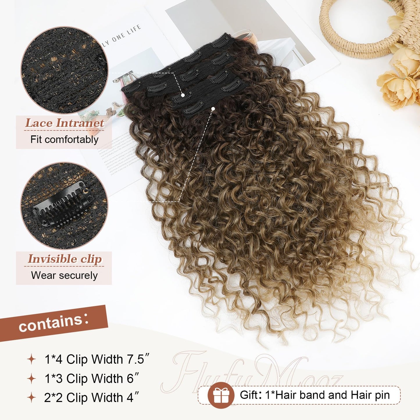 Clip in Hair Extensions, FLUFYMOOZ 4PC 100％ Pure Protein Silk Hair Extensions Long Soft Natural Hairpiece 20 Inch Curly Hair Extension for Women (Dark Brown to Medium Brown Light Roots)