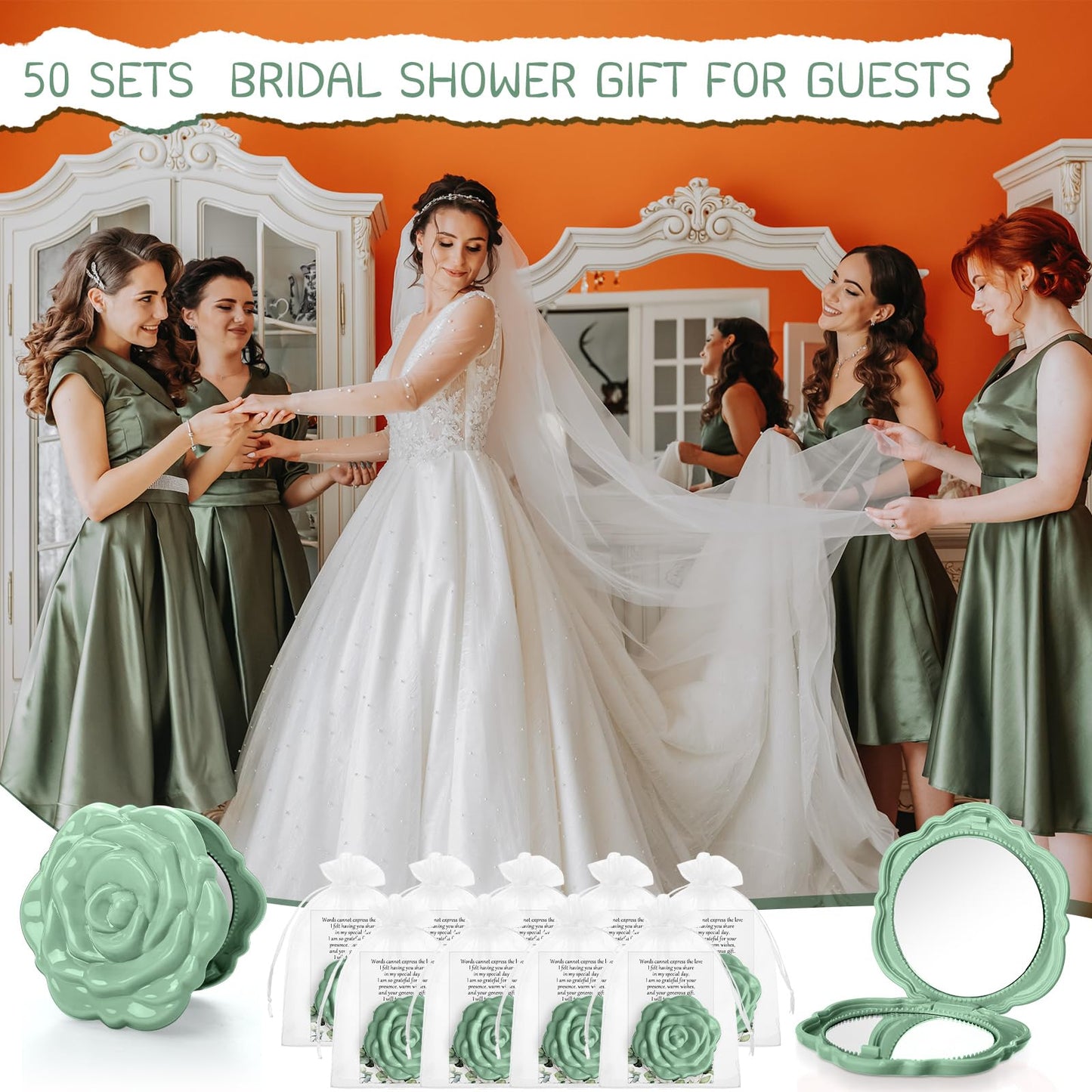 FoldTier 50 Sets Bridal Shower Party Favors for Guests Small Rose Compact Mirror Bulk Wedding Favors Thank You Cards and Organza Bags Wedding Party Guests Souvenir Gift (Green)