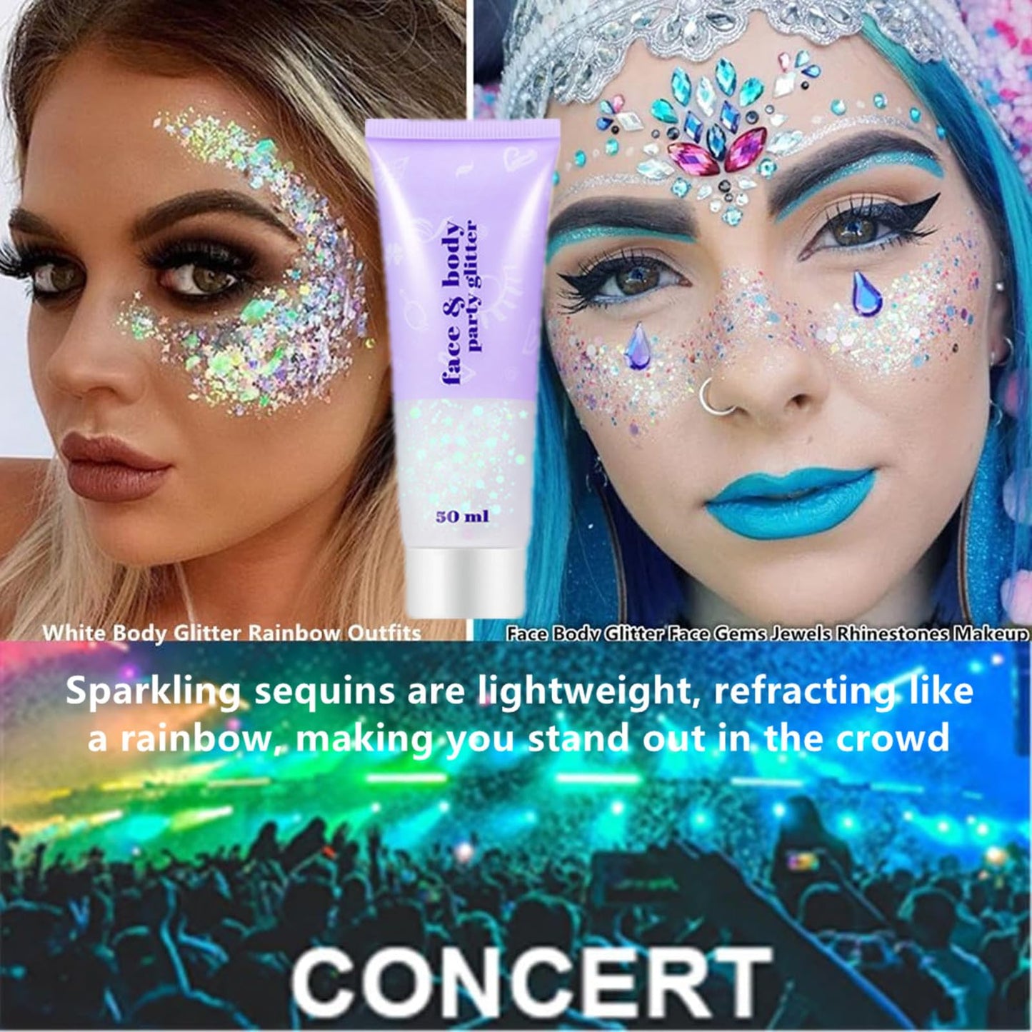 Go Ho White Pink and Silver Body Glitter Set,3 PCS Mermaid Face Glitter Gel,Holographic Long Lasting Chunky Sequins Glitter Makeup for Singer Concerts,Halloween Festival Rave Accessories