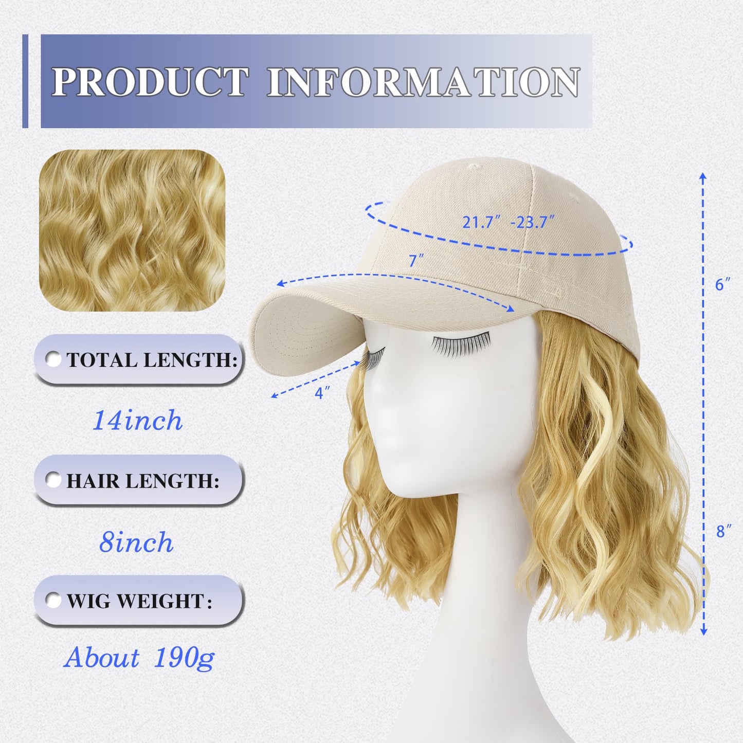 FORCUTEU Hat Wigs for Women Baseball Cap with Hair Extensions Short Wave Curly Synthetic Baseball Cap Wig Adjustable Hat with Hair Attached for Daily Use(Brown Mixed Blonde)