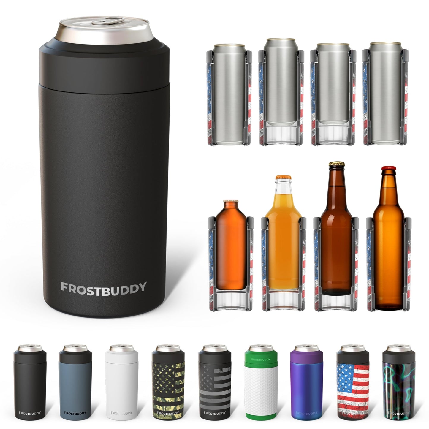Frost Buddy Universal Buddy Can Cooler - Fits All - For Regular 12 & 16 oz or Slim-Size Bottles - Insulated Double -Walled Stainless Steel (All white)
