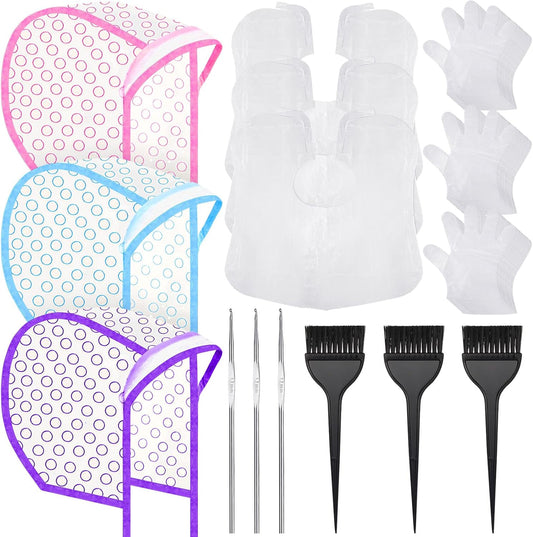 Boao Highlighting Cap Set - 3 Assorted Color Hair Dye Kits with Holes & Hooks for Frosting