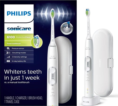 Philips Sonicare Electric Toothbrush - ProtectiveClean 6100 with Pressure Sensor & 3 Modes | White, Model HX6877/21