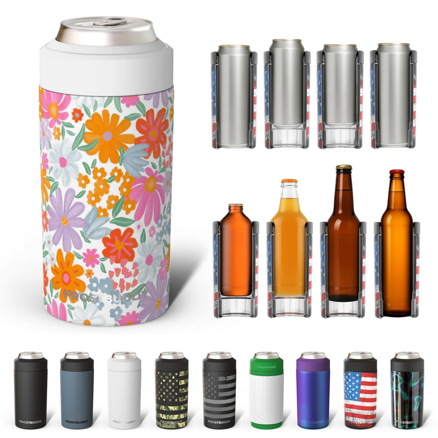 Frost Buddy Universal Buddy Can Cooler - Fits All - For Regular 12 & 16 oz or Slim-Size Bottles - Insulated Double -Walled Stainless Steel (All white)