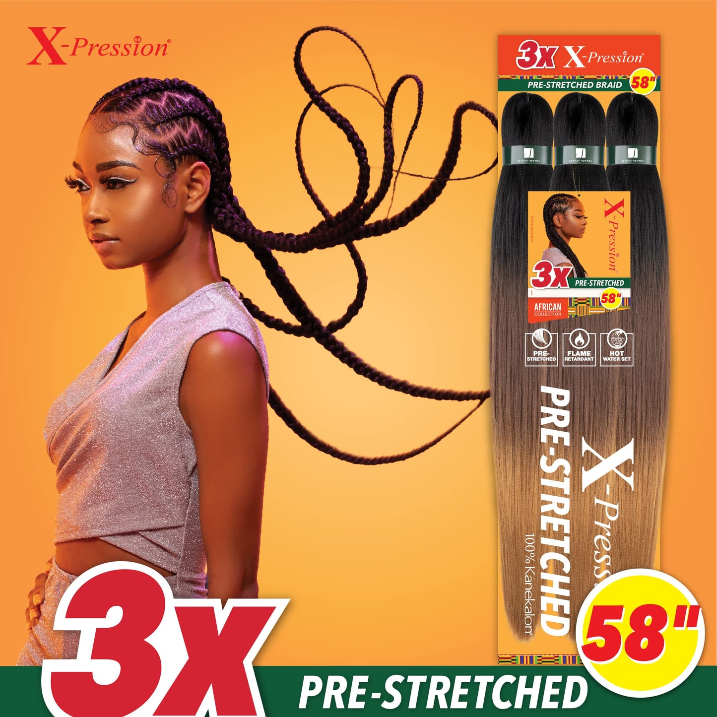 Sensationnel Xpression prestretched braiding hair - 3x xpression 58-inch flame retardant smooth yaki braid - 3x x-pression 58 inch (1 pack, BG BURGANDY)