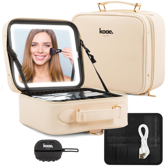 Koae Luxe Makeup Bag with LED Mirror - Portable Makeup Case with Lighted Mirror & Adjustable Dividers, Makeup Bag with Light Up Mirror, 3 Color Setting Train Case Cosmetic Bag Organizer