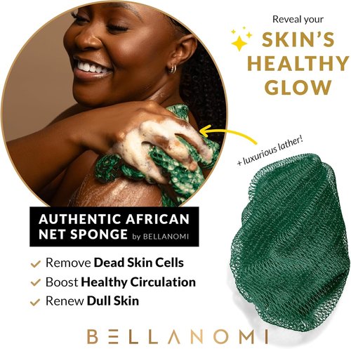 Bellanomi African Exfoliating Net Sponge - Authentic Back Scrubber, 45 Inches Long | Emerald Green