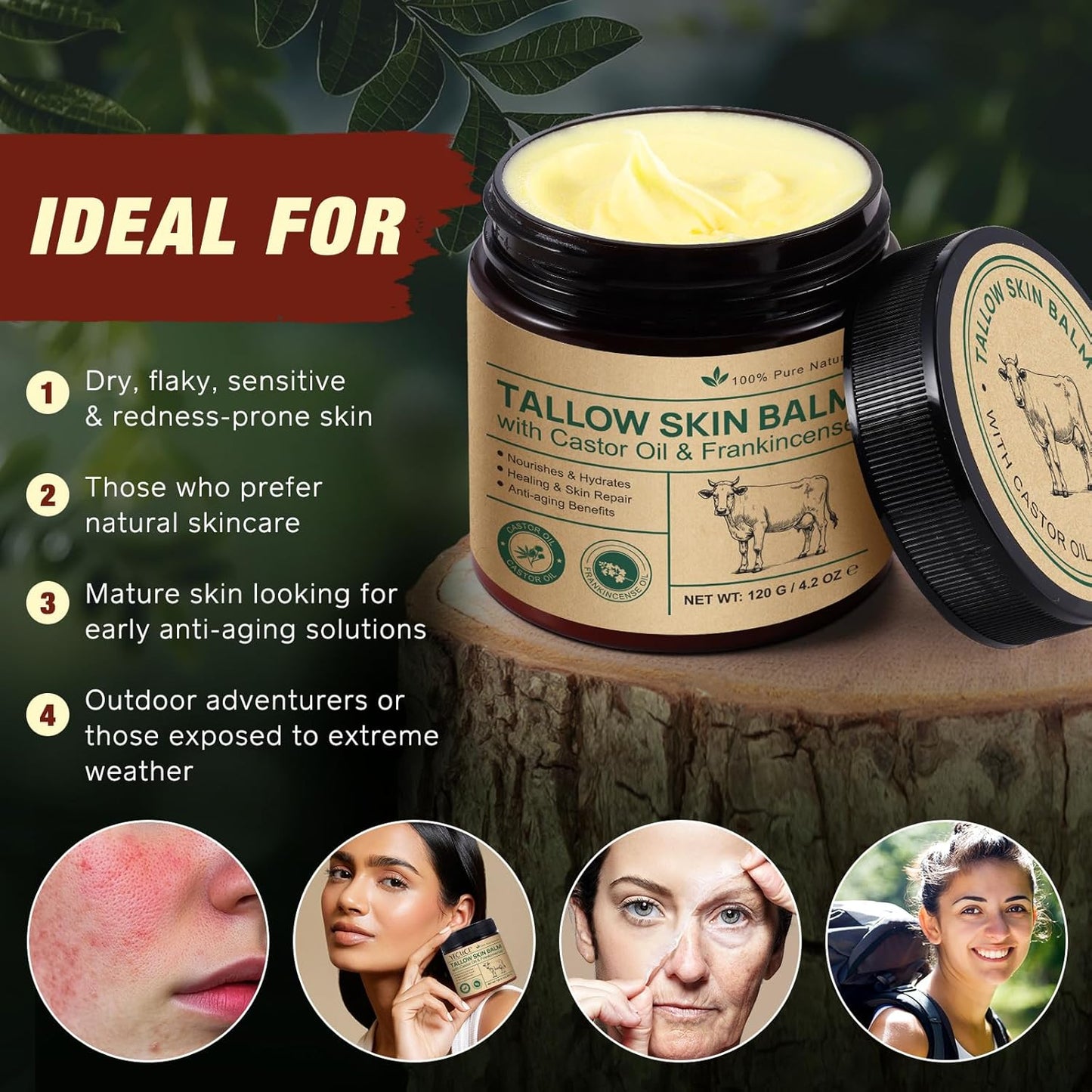 Skiennix Face Balm - Organic Tallow & Castor Oil with Frankincense | 100% Grass-Fed, Age-Defying Moisturizer for Sensitive & Dry Skin