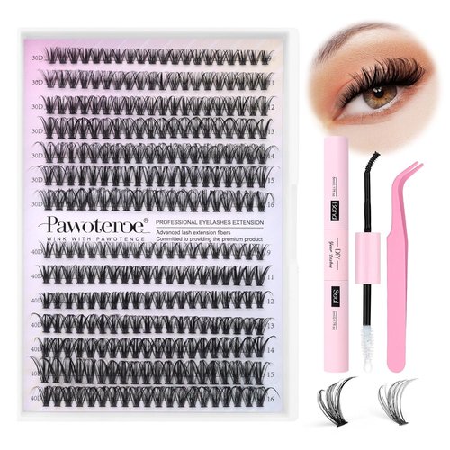 Pawotence Lash Extension Kit - 280pcs DIY Eyelash Clusters | 9-16mm 30D & 40D Lashes with Bond & Tweezers