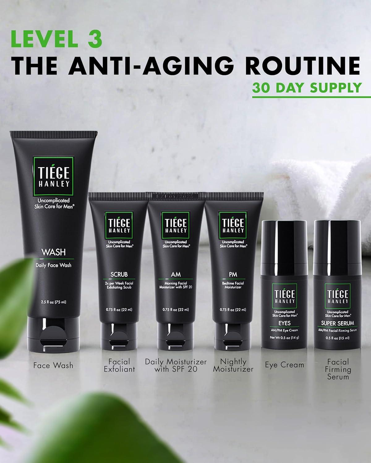 Tiege Hanley Skin Care Set for Men - Anti-Aging Routine Level 3 | Daily Wash, Scrub, Moisturizers & Eye Cream
