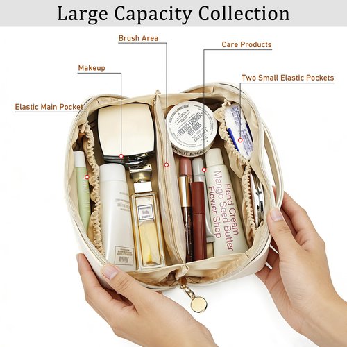 CLOUDWINGS Initial Makeup Bag Gifts for Women Bridesmaid Gifts Travel Toiletry Personalized PU Leather Waterproof Cosmetic Bag (Medium-Beige-A)