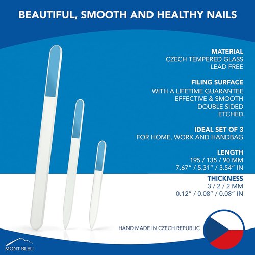 Mont Bleu Glass Nail Files Set - Premium 3-Piece Rainbow Collection in Pouch - Perfect Birthday Gift for Women