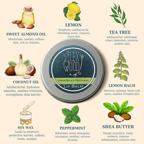 Ilex Wood Vegan Lip Balm - All-Natural Lemon Balm & Peppermint - Moisturizing Cold Sore Treatment - 10ml