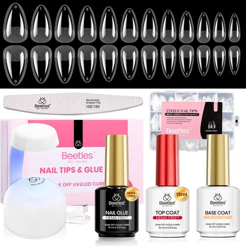 Beetles Gel Nail Kit Etch-X, Almond Short, 288pcs 12 Sizes Nail Tips, 3Pcs 15ml HEMA-Free Nail Glue Top Coat & Base Gel Set, with Mini Lamp, Press On Nail, Long Lasting Extension DIY Set at Home