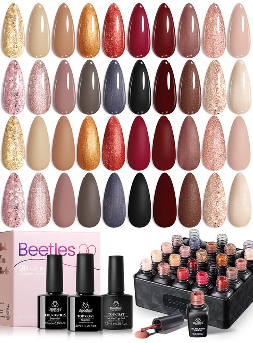 Beetles Gel Nail Polish Set - 20 Colors Warm Mist Gel Nail Kit Burgundy Brown Nude Gold Glitter Gray Shimmer Soak Off Base&Top Coat Uv Led Home DIY Salon Nail Art Gift Set for Women