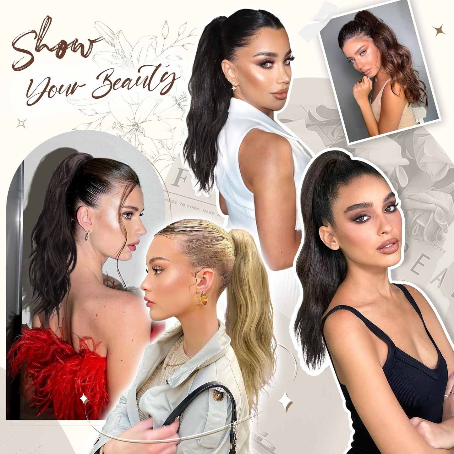 FESHFEN Ponytail Extensions, Long Claw Clip in Ponytail Hairpiece Synthetic Pony Tails Hair Piece Natural Wavy Hairpieces for Women, 20 inch Honey Blonde Mixed Light Brown