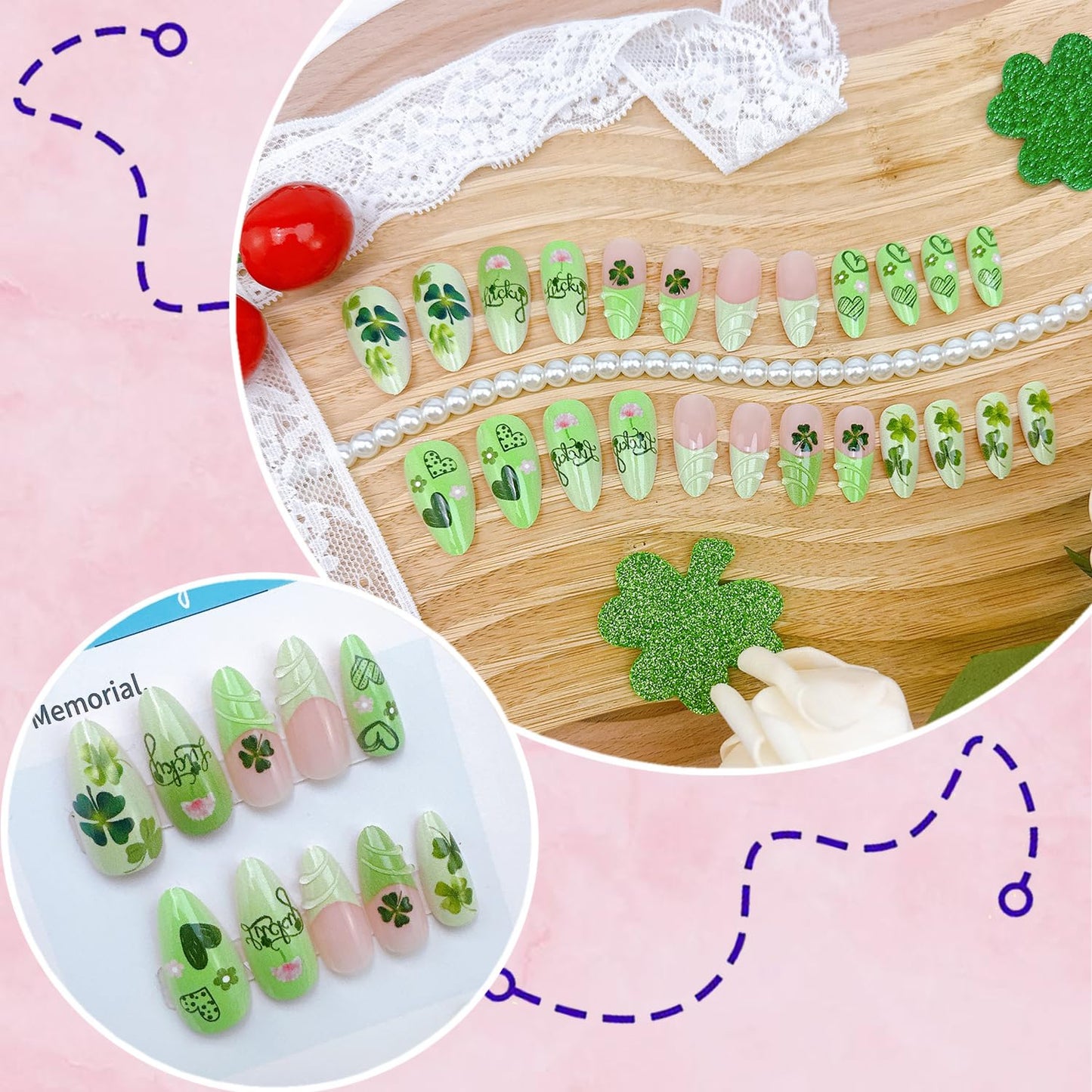 24Pcs St Patrick's Day Press on Nails Short Square Gold French Tip Fake Nails with Gold Rhinestones Horseshoe Rainbow Shamrocks False Nails St Patricks Day Acrylic Nails Irish Stick on Nails for Women