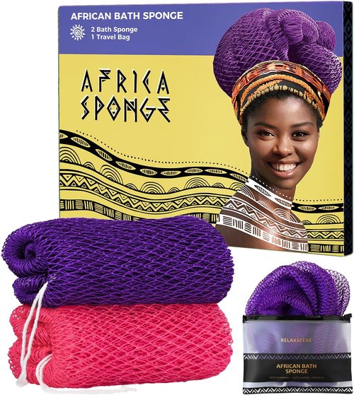 African Net Sponge - Authentic Exfoliating Body Scrubber | 2-Piece Bath Sponge Set for Skin Care