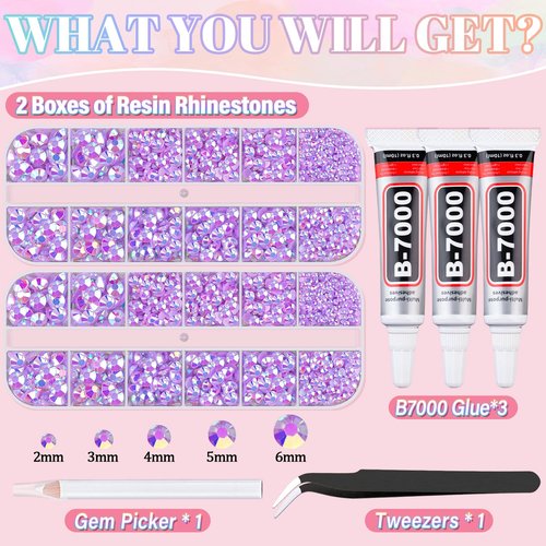 Resin Rhinestones for Crafting with 3Pcs 10ml B7000 Jewelry Glue, 2 Boxes Lavender Purple AB Flatback Gems Crystals Diamond for Bedazzling Crafts DIY Nail Art Makeup,Gems for Clothing Tumblers Shoes