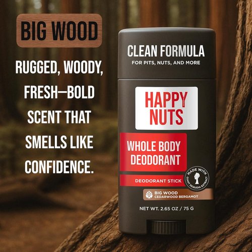 Happy Nuts Whole Body Deodorant for Men - All-Day Odor Control for Pits, Groin & More - Big Wood Scent