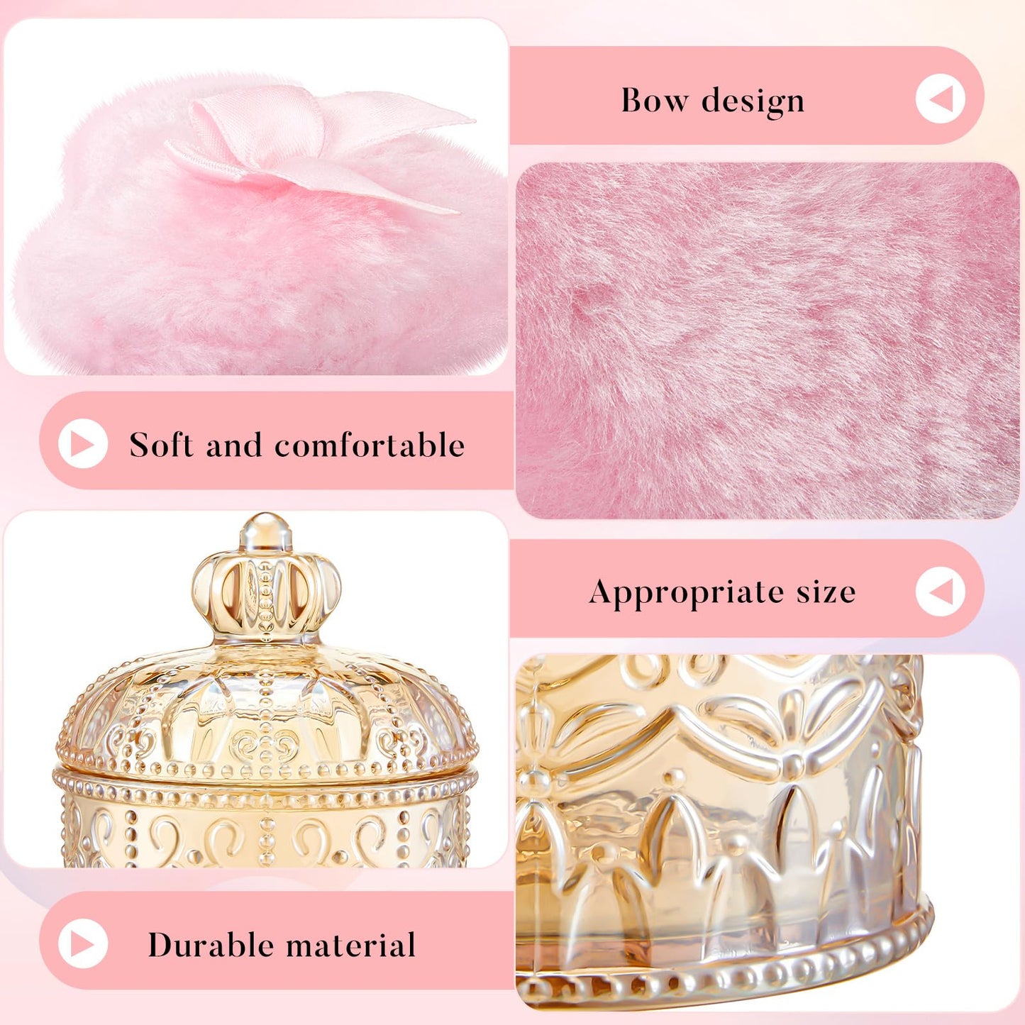 Tioncy 3 Pcs Large Body Powder Puff and Container Powder Container with Puff Crystal Case Soft Washable Reusable Velour Face Body Glitter Wet Dry Makeup(Crown,Amber)