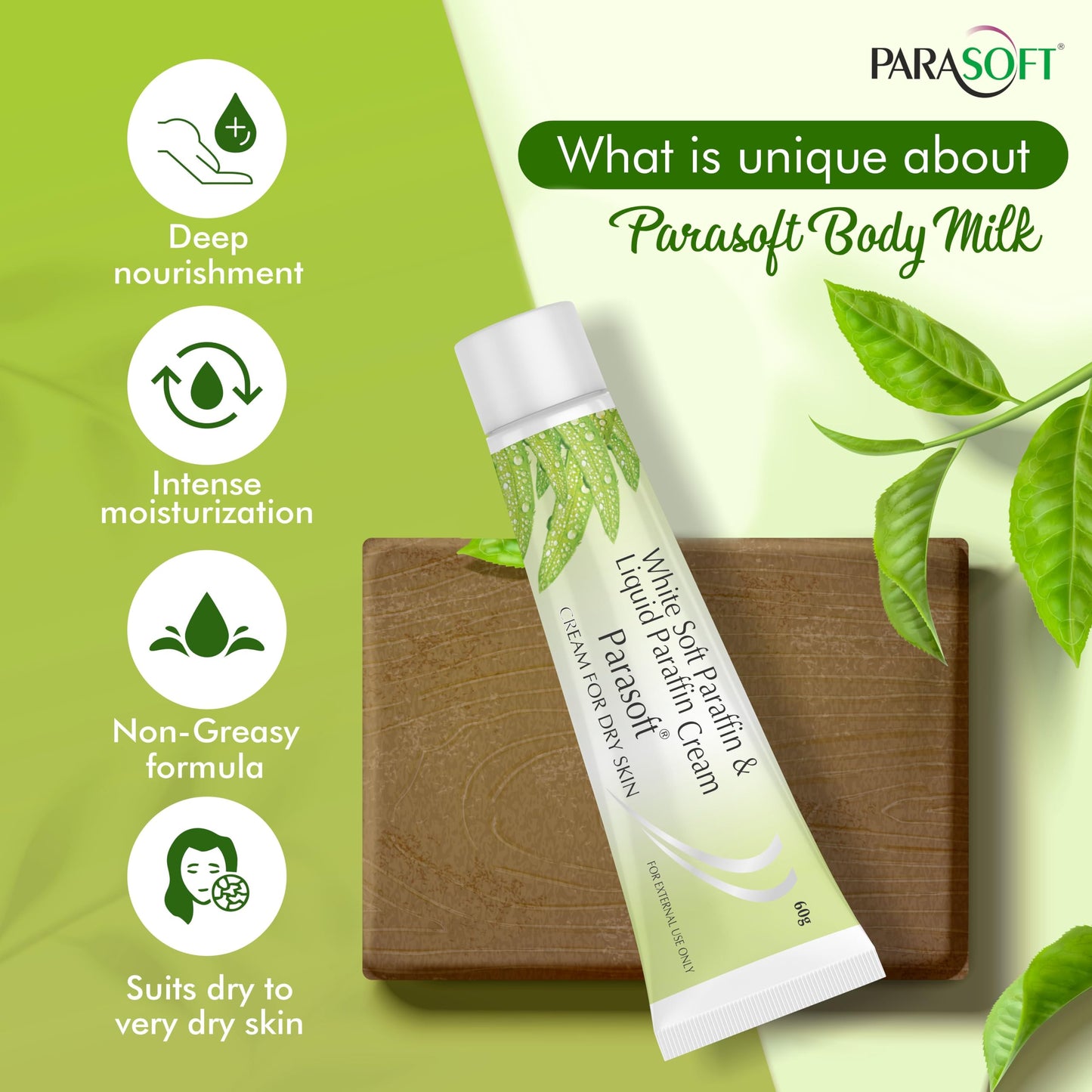 Parasoft Cream for Dry & Dehydrated Skin Intense Moisturizer, Nourishing Cold Cream & Winter Cream Goodness of Aloe vera for both Men & Women - 60GM (Pack of 4)