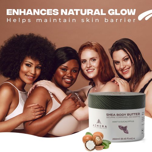 AZMERA Handcrafted Whipped Shea Body Butter – Refreshing Mint & Eucalyptus Scented Moisturizer for Dry, Sensitive Skin, Argan Oil & Vitamin E – Vegan, Non-Greasy Skincare – 8.82 oz
