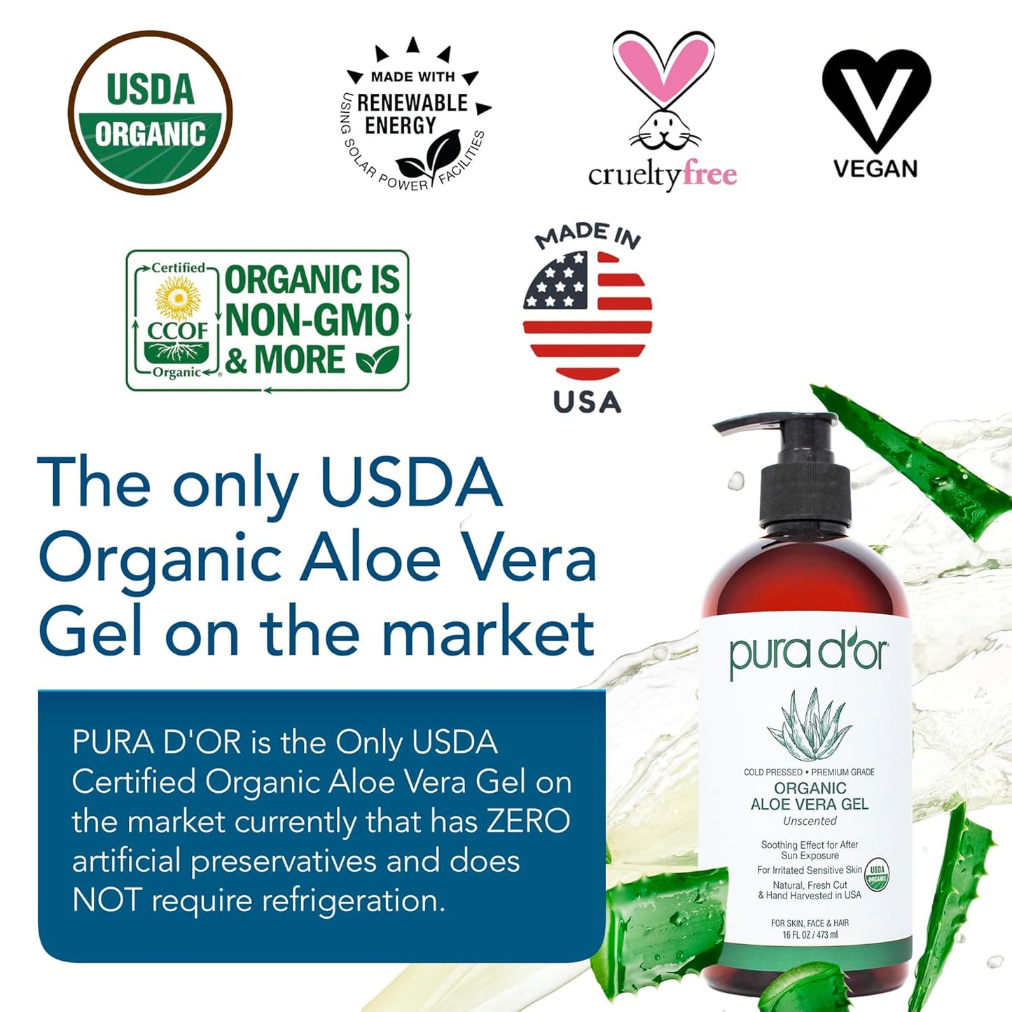 PURA D'OR ORGANIC Aloe Vera Gel Lavender (16 Oz X 3) All Natural - ZERO Artificial Preservatives - Deeply Hydrating & Moisturizing - Sunburn, Bug Bites, Rashes, Small Cuts, Eczema Relief - Skin & Hair