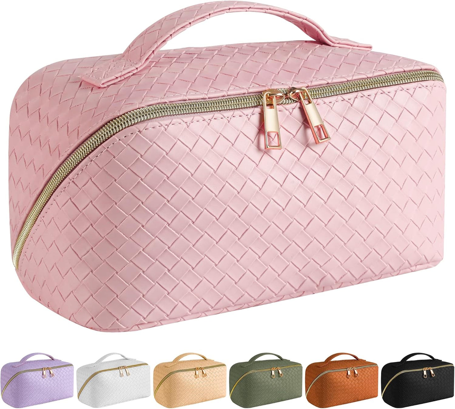 SFXULIX Large Capacity Travel Cosmetic Bag - Waterproof PU Leather Makeup Organizer | Pink with Handle & Divider