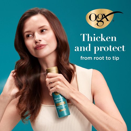 OGX ProGrowth + Peptide Serum Mist, Heat Protectant Spray Instantly Thickens Hair Root to Tip While Protecting from Breakage for Visibly Thicker, Fuller Hair, 6.5 fl. oz