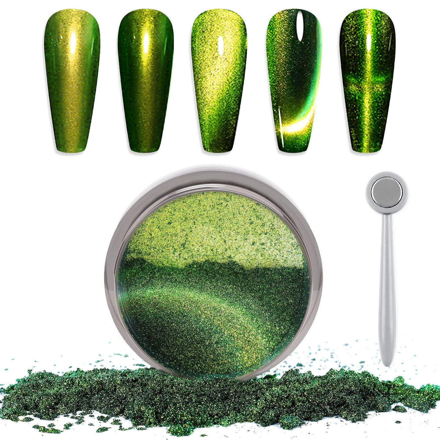 Laza Cat Eye Chrome Nail Powder Chameleon Magnetic Powder 9D Cat Eye Effect Mirror Effect Pigment Dust Magic Galaxy Holographic Effect Glitter with Magnetic Stick for Velvet Nail Art - Gold Jadeite