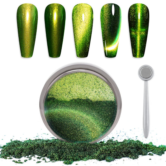 Laza Cat Eye Chrome Nail Powder Chameleon Magnetic Powder 9D Cat Eye Effect Mirror Effect Pigment Dust Magic Galaxy Holographic Effect Glitter with Magnetic Stick for Velvet Nail Art - Gold Jadeite