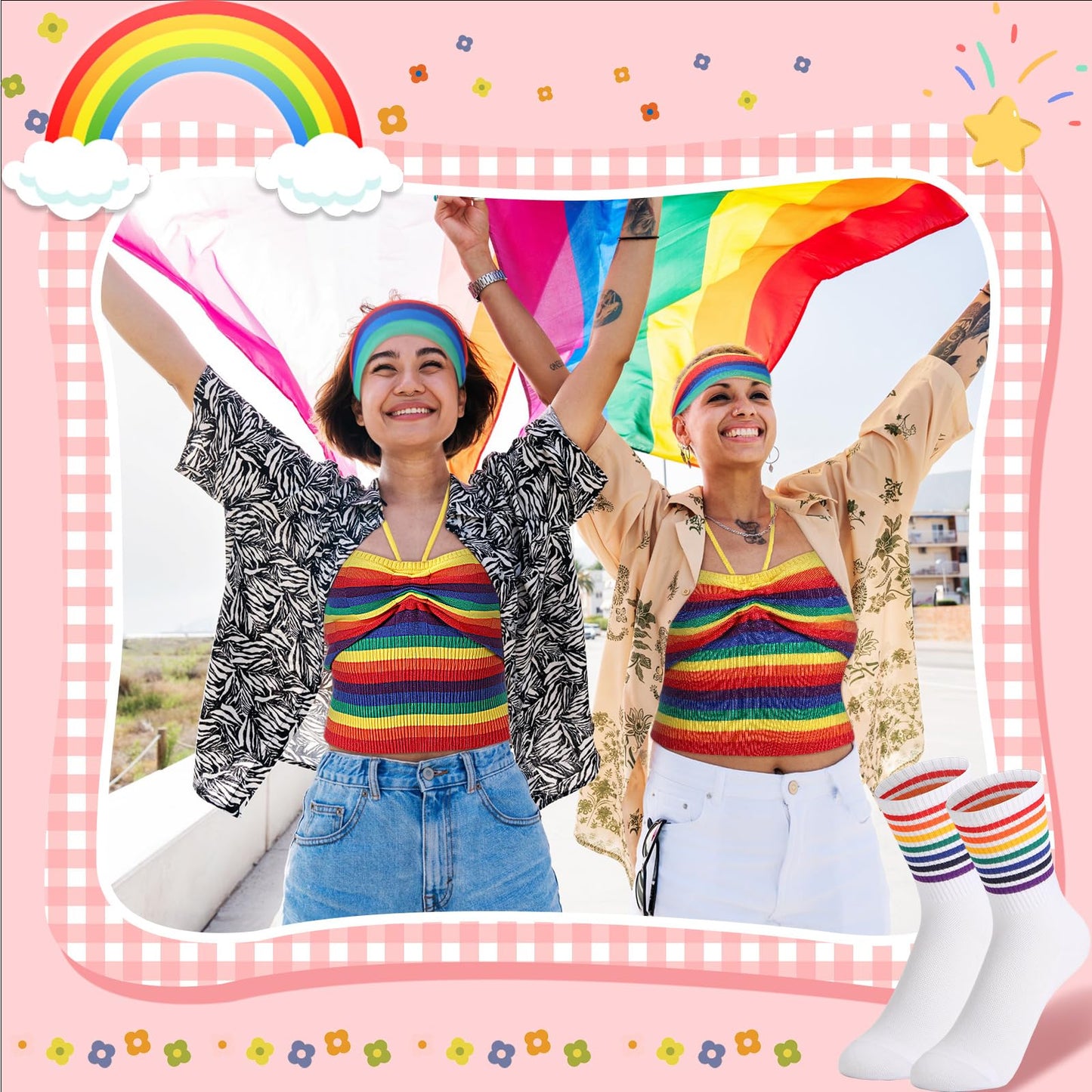 Cuffbow 4 Pcs Prides Parade Outfits, Rainbow Halter Backless Knitted Tank Top, Rainbow Hair Band and Rainbow Ankle Socks (Size M)