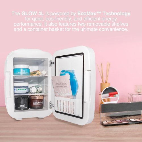 Cooluli Glow 4L Mini Skincare Fridge with Mirror & LED Light - Small Refrigerator for Skin Care, Beauty, Makeup, Cosmetics, Food & Drinks, White