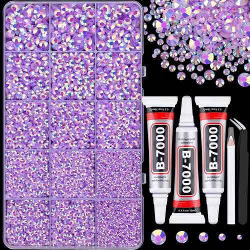 16000Pcs Resin Jelly Rhinestones for Crafting, Lavender Purple AB Non Hotfix Flatback Gems, Bedazzling Crystal with 3Pcs 10ml B7000 Jewelry Glue for DIY Crafts Clothing Tumblers Shoes Nail Art
